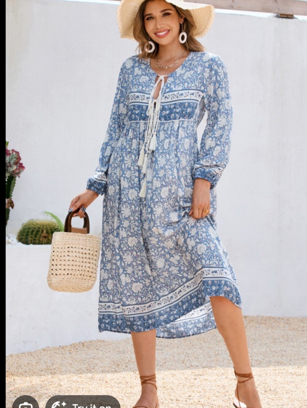 NWOT Boho Floral Tie-Front Midi Dress in Light Blue M